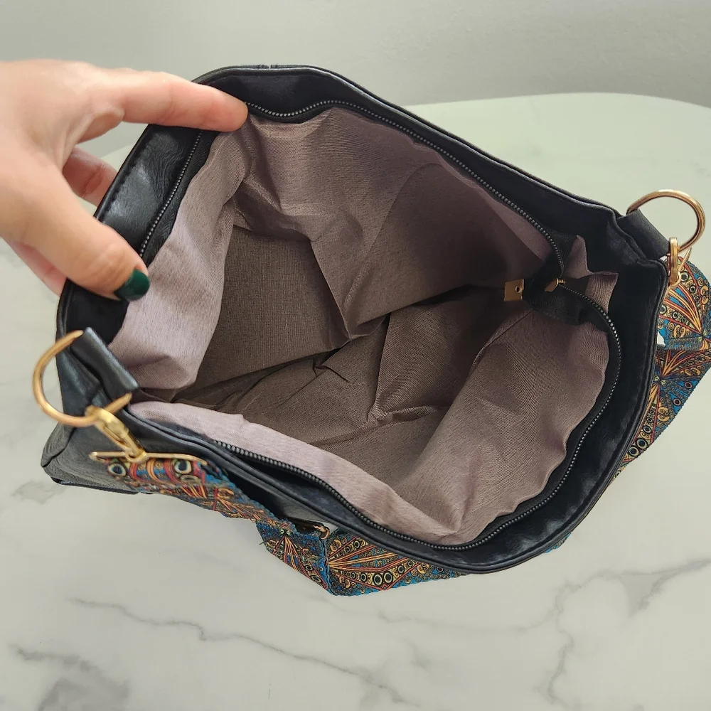 Unisex Black Pu Leather Tote Bag With Patterned Boho Strap - Picture 11 of 15